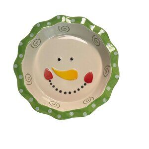 Nantucket Ceramic Snowman Pie Plate 10.5" Distributing Green Rim With Swirls